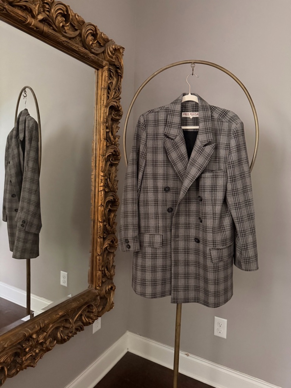 Free People Plaid Double-Breasted Blazer in Gray and Black